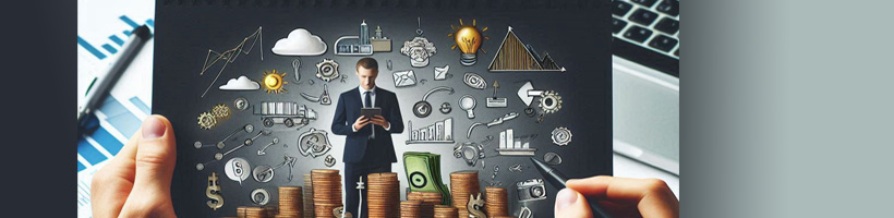 a man looks on his computer, he stands in a bunch of coin towers, some symbols of finance and digitalization in the background