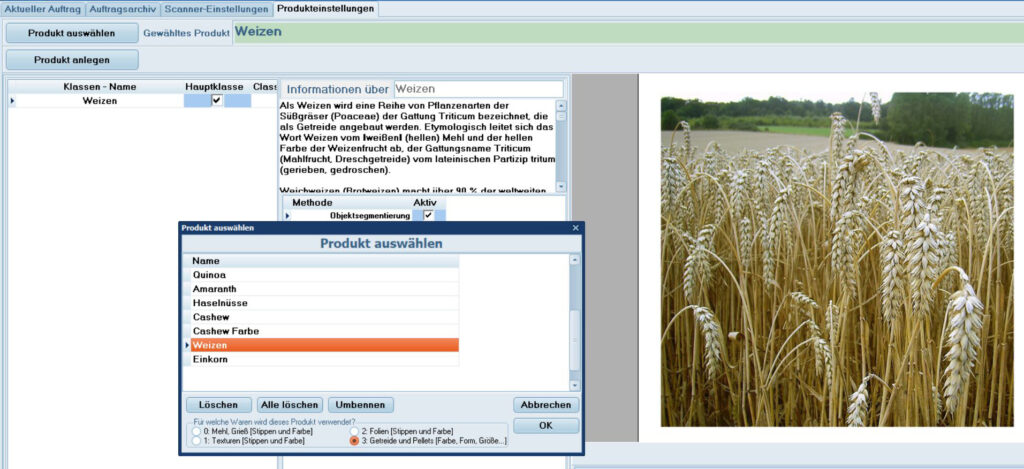 Screenshot: Produktauswahl aus der Datenbank und Vorschaubild, Löschen, Abbrechen, Okay Button